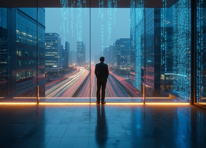 Ein einsamer Geschäftsmann in dunklem Anzug betrachtet die Auswirkungen der KI-Transformation aus einem Glasbüro mit Blick auf eine digitalisierte Stadtlandschaft mit fließenden Binärdaten und neuronalen Mustern.